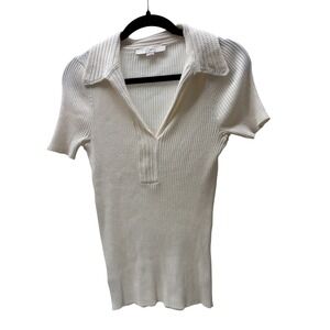 LOFT Womens Medium Cream White Ribbed Knit Short Sleeve Polo Sweater Top